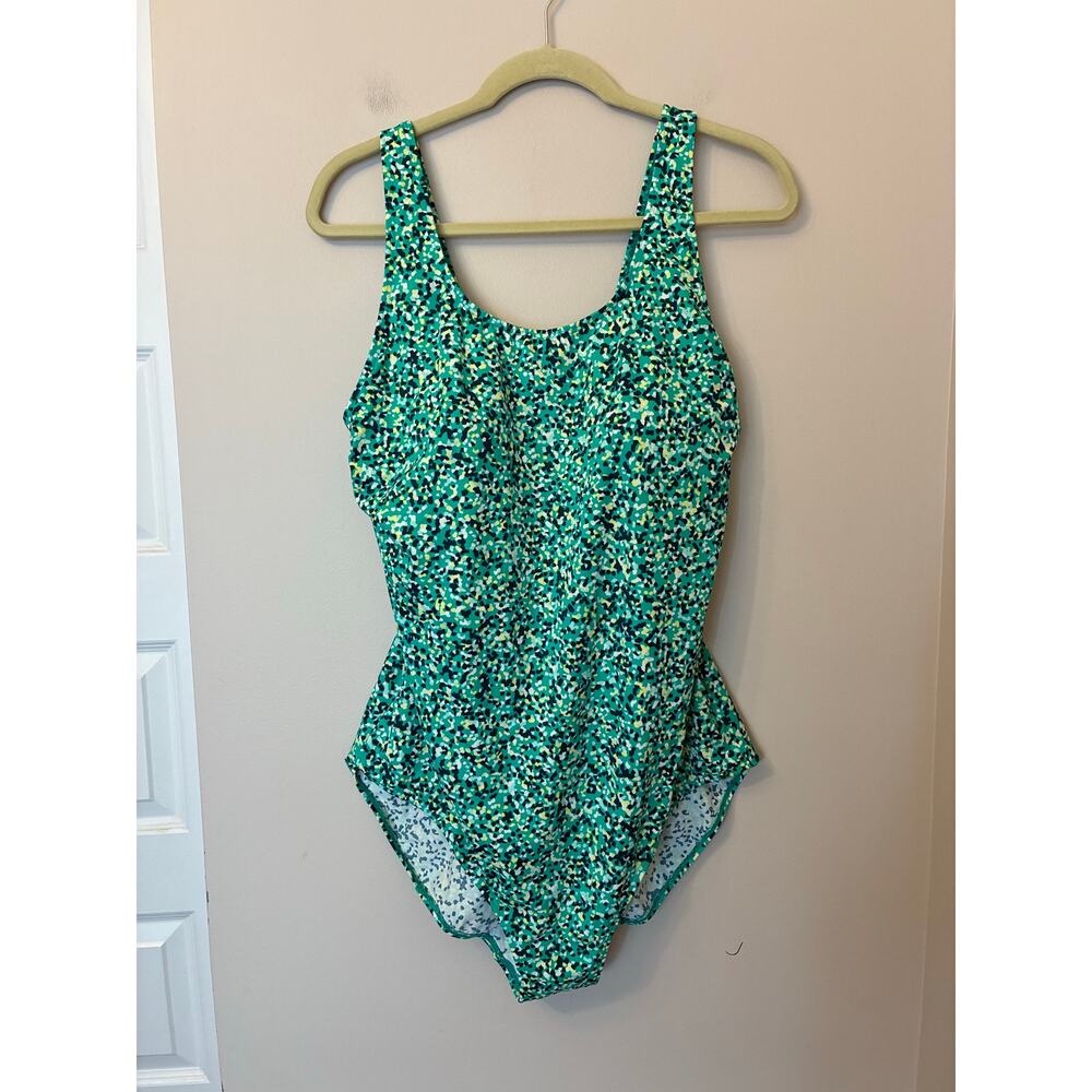 LL Bean Green Floral One Piece Swimsuit Scoop Neck and Back Women's Plus 20W